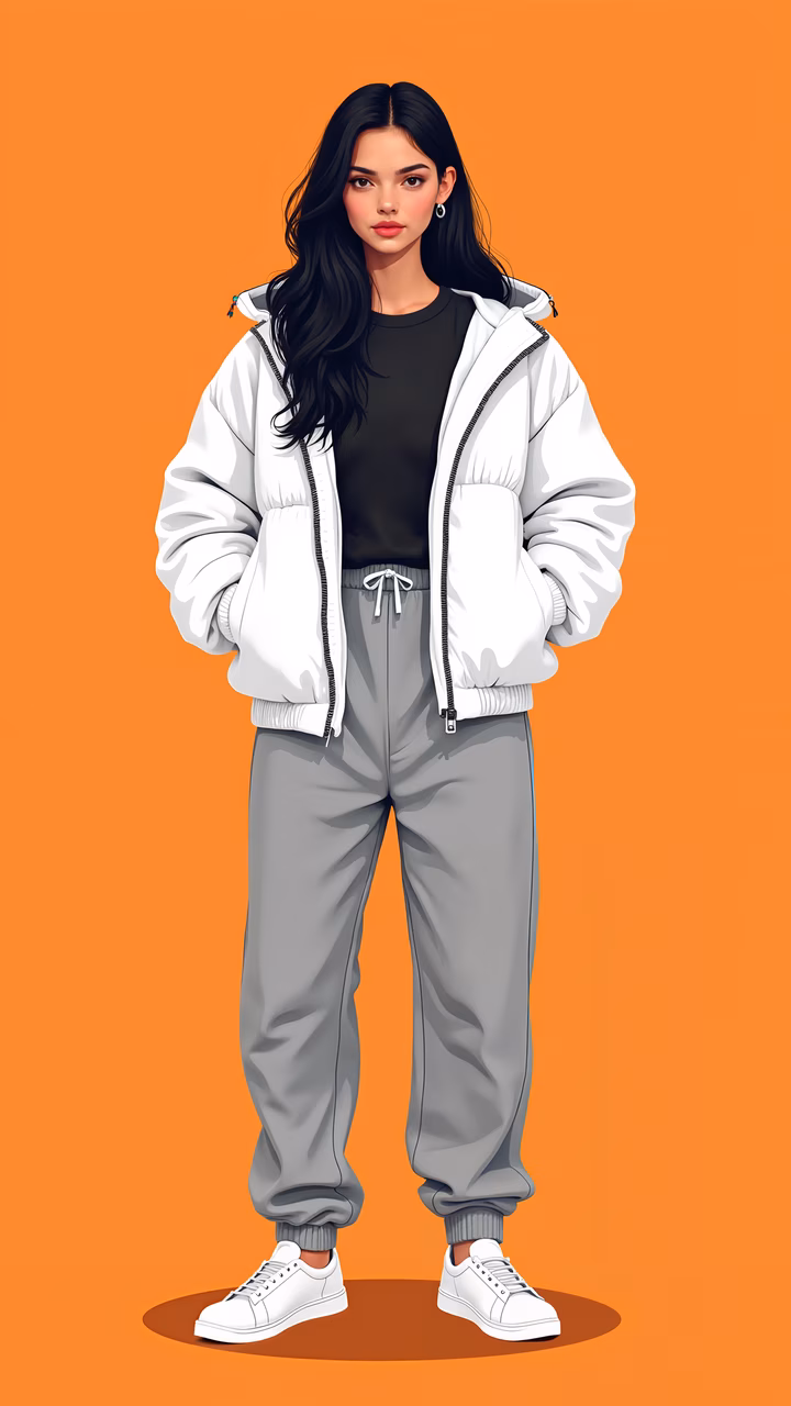 Minimalist urban chic fashion illustration with vibrant orange background.