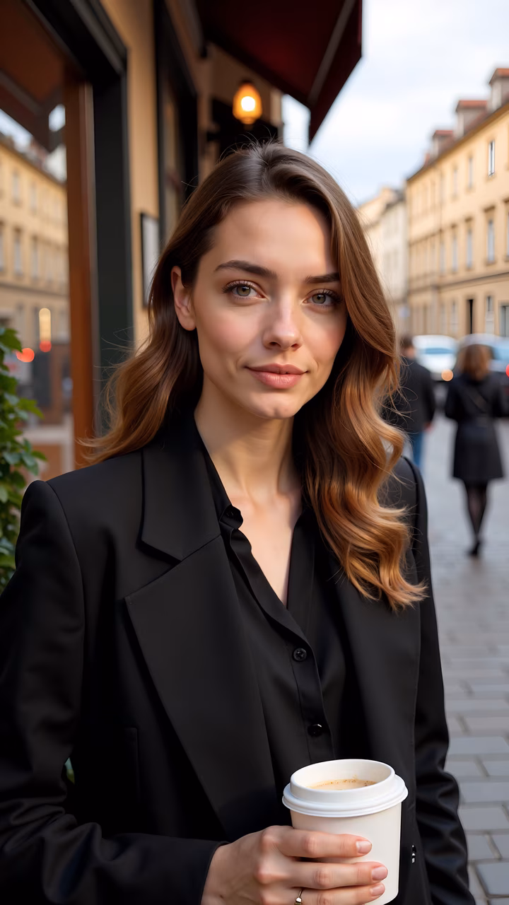 A chic woman in a black blazer holding a coffee cup, set against a blurred urban backdrop.