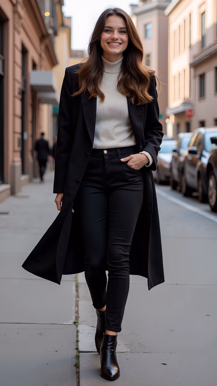 Confidently dressed urban chic fashion in a city setting.