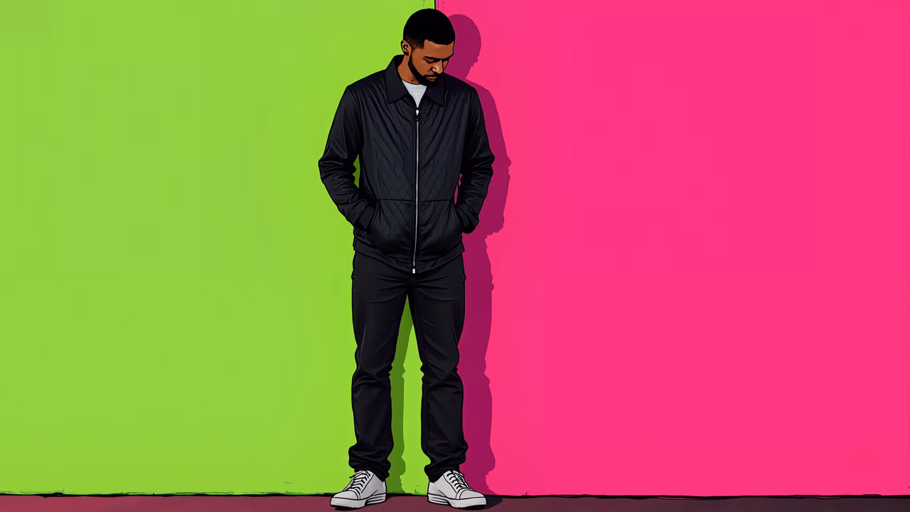 Minimalist fashion illustration with bold colors and relaxed pose.