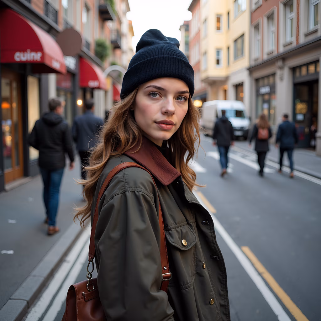 A street portrait of a young woman walking through a lively cityscape.
