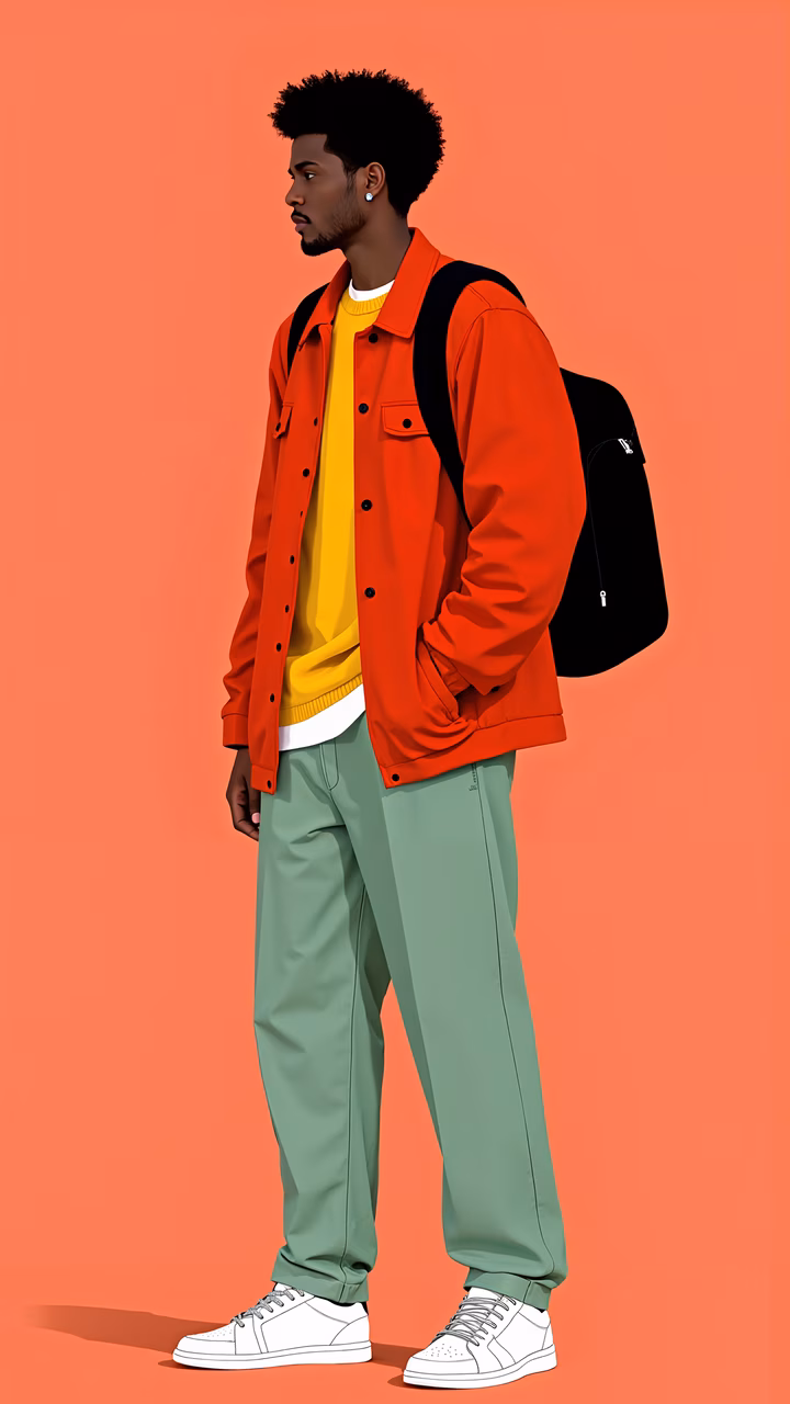 Bold fashion illustration featuring a stylish individual in vibrant colors against a coral background.