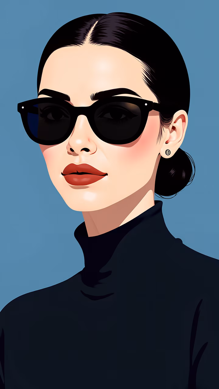 Modern vector portrait of a stylish individual with bold red lips and oversized sunglasses.