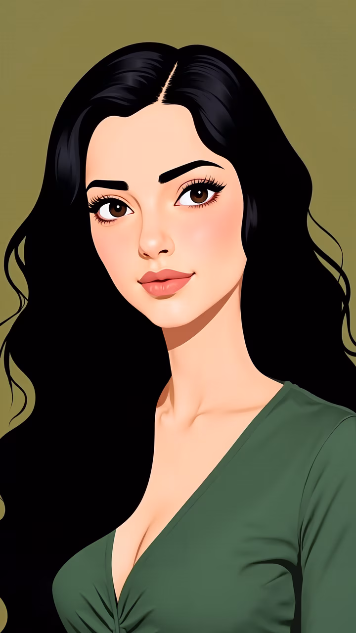 Elegant vector portrait of a woman with olive green background.