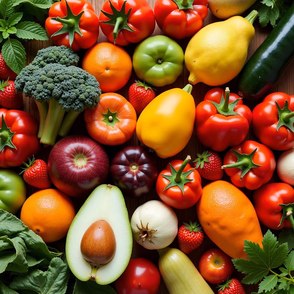 A colorful display of fresh fruits and vegetables on a wooden surface.