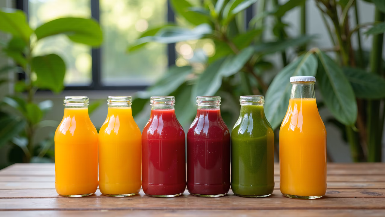 Colorful juice bottles on a wooden table with greenery in the background.