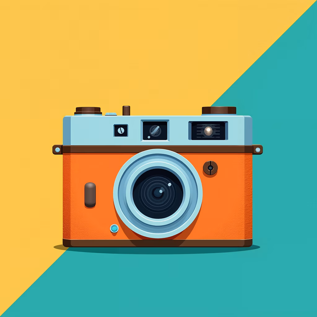A retro-style camera illustration with bold colors and clean lines.