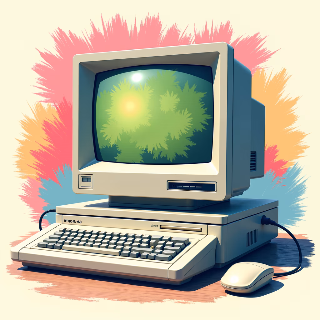 A retro computer setup with vibrant abstract background, evoking nostalgia and playfulness.