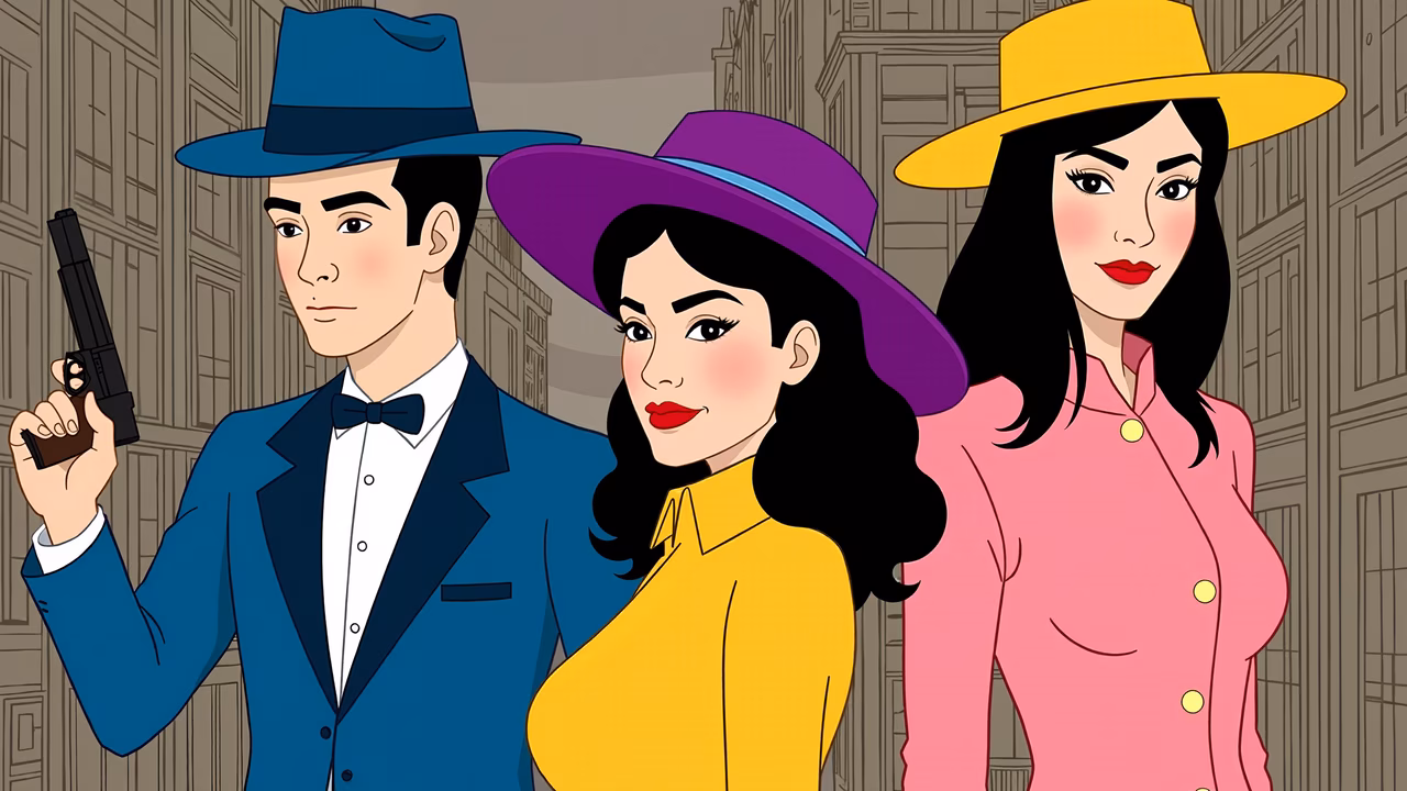 Vintage-inspired illustration featuring a man with a pistol and two women in colorful outfits.