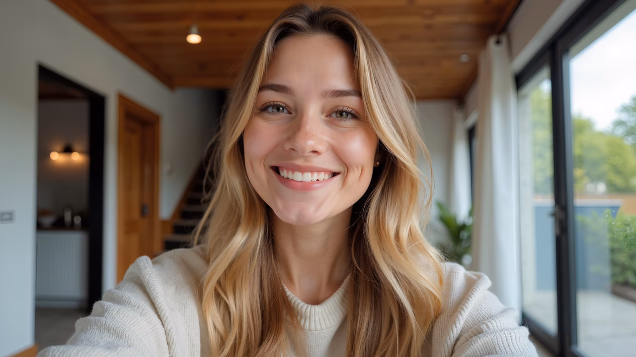 Close-up portrait of a person smiling warmly in a cozy home setting.