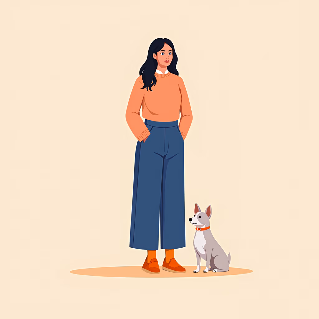 A simple illustration of a woman and her dog, evoking a sense of warmth and companionship.