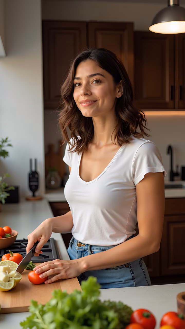 Woman slicing vegetables in a cozy kitchen setting.
