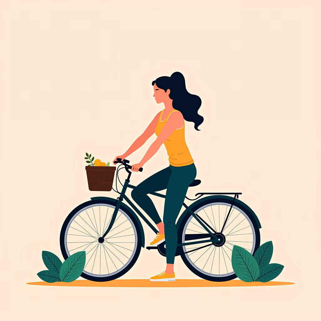 A cheerful woman cycling with a basket full of fresh produce, symbolizing daily life and sustainability.