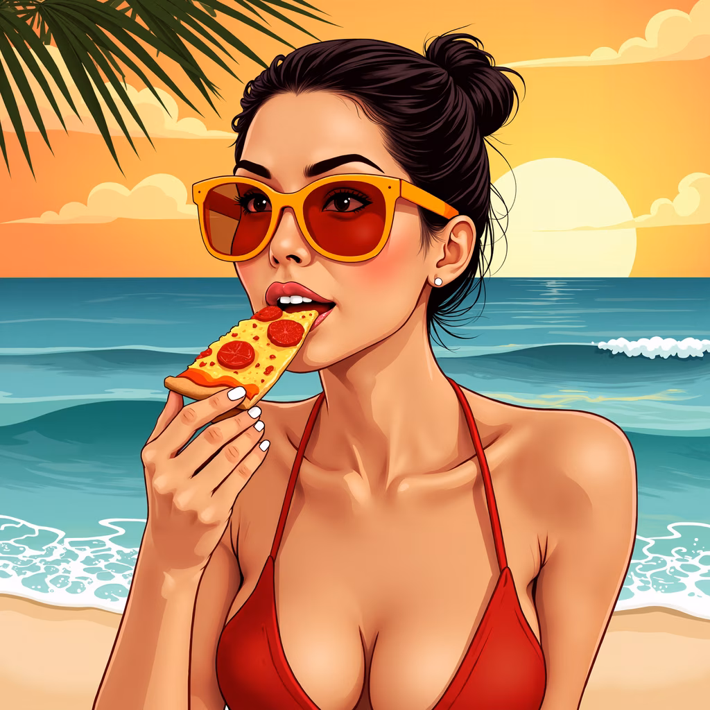 Woman in bikini eating pizza at sunset, beach vibes, summer fun