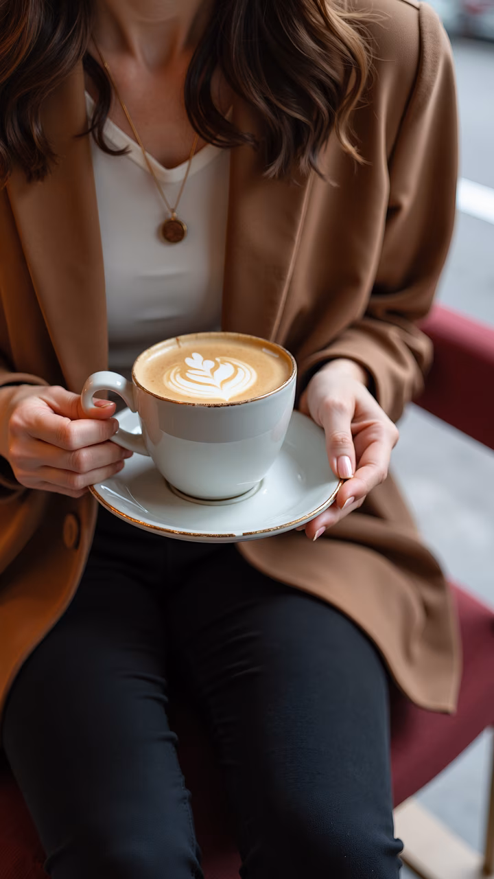 Close-up of a woman enjoying a latte with intricate latte art, dressed in a stylish brown blazer and black pants.