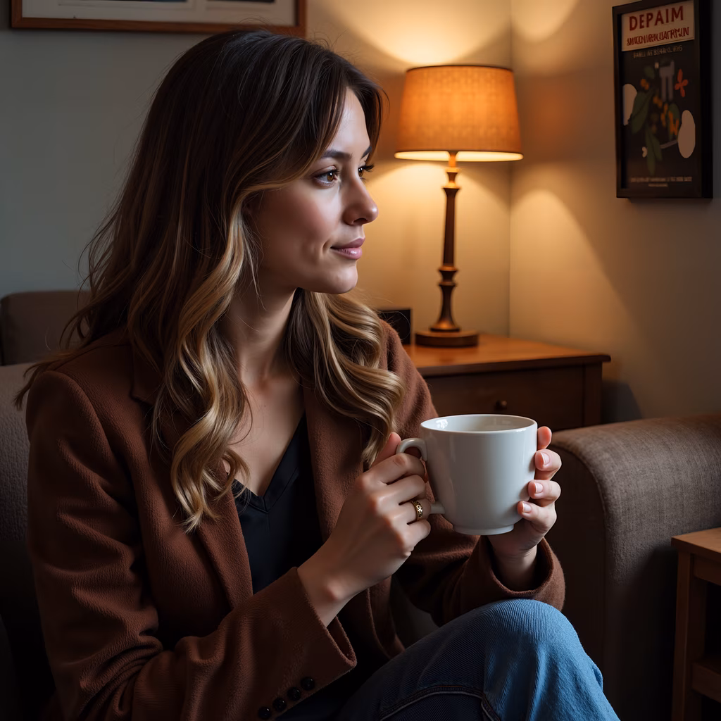 A woman relaxing with a warm drink in a cozy setting.