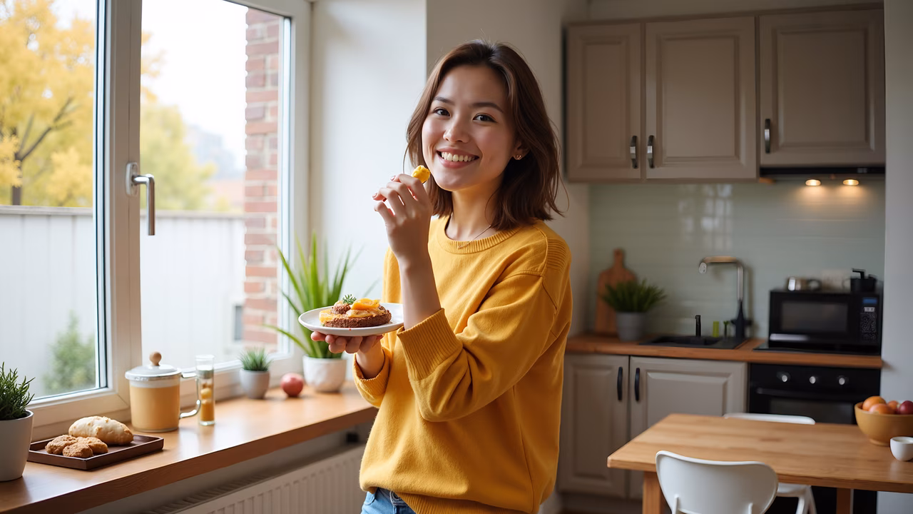A joyful moment of enjoying breakfast in a warm, homey kitchen setting.