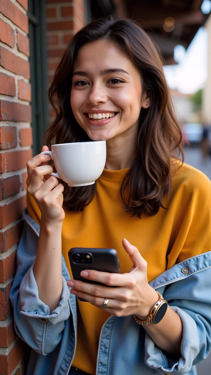 Casual woman enjoying coffee and technology in a cozy setting.
