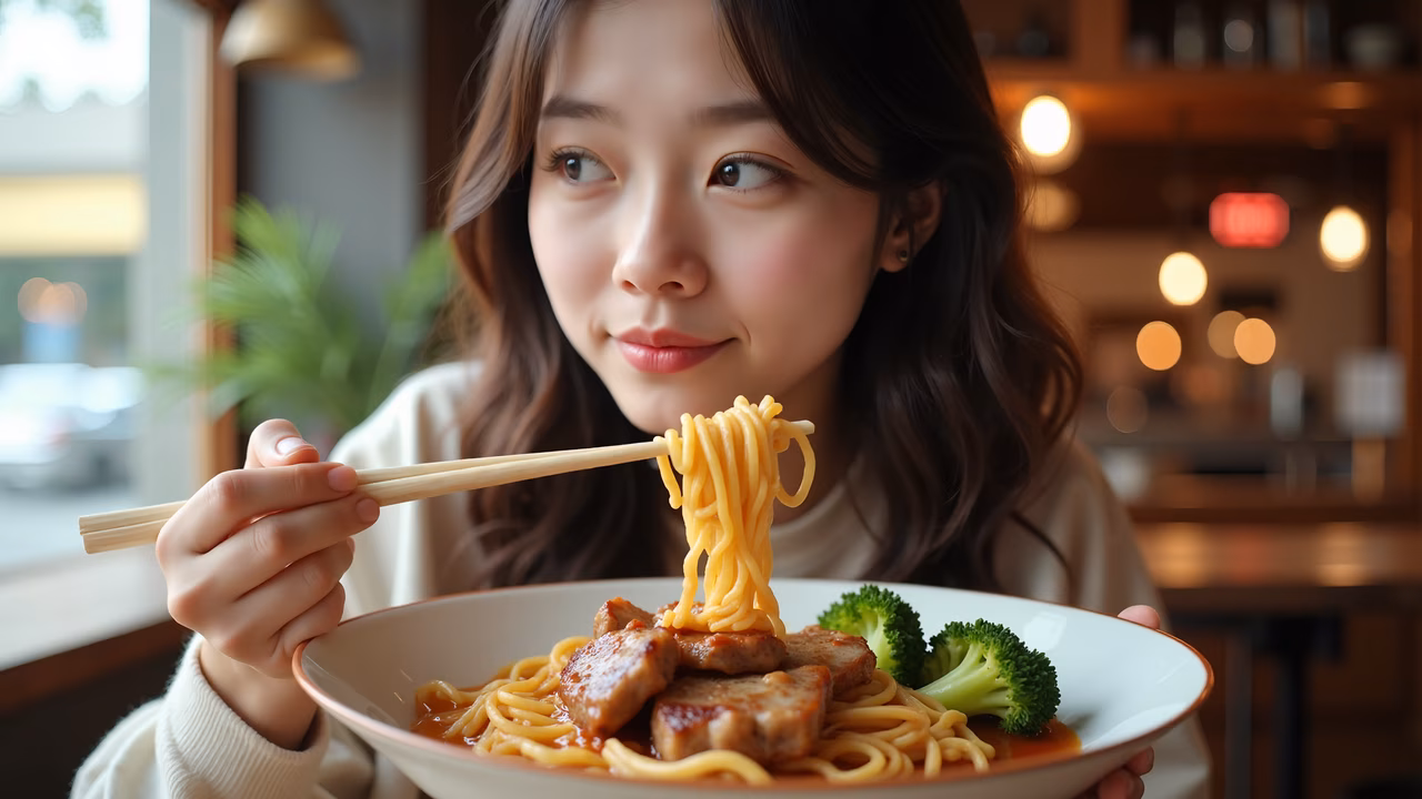 Close-up of a woman savoring a bowl of noodles with chopsticks, featuring vibrant yellow noodles and fresh green broccoli.