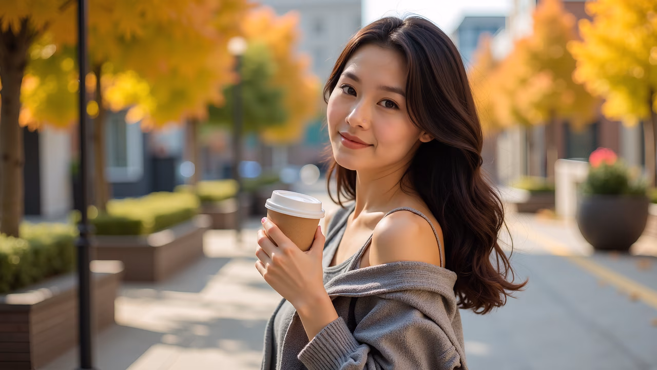 Casual street portrait of a woman enjoying a coffee on a sunny day.