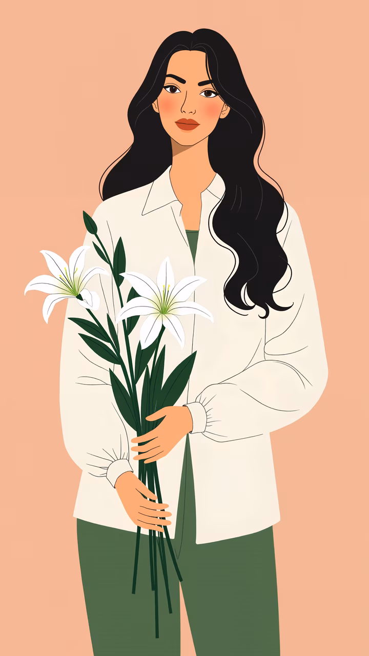 Elegant woman holding lilies against a peach backdrop, perfect for fashion and lifestyle themes.