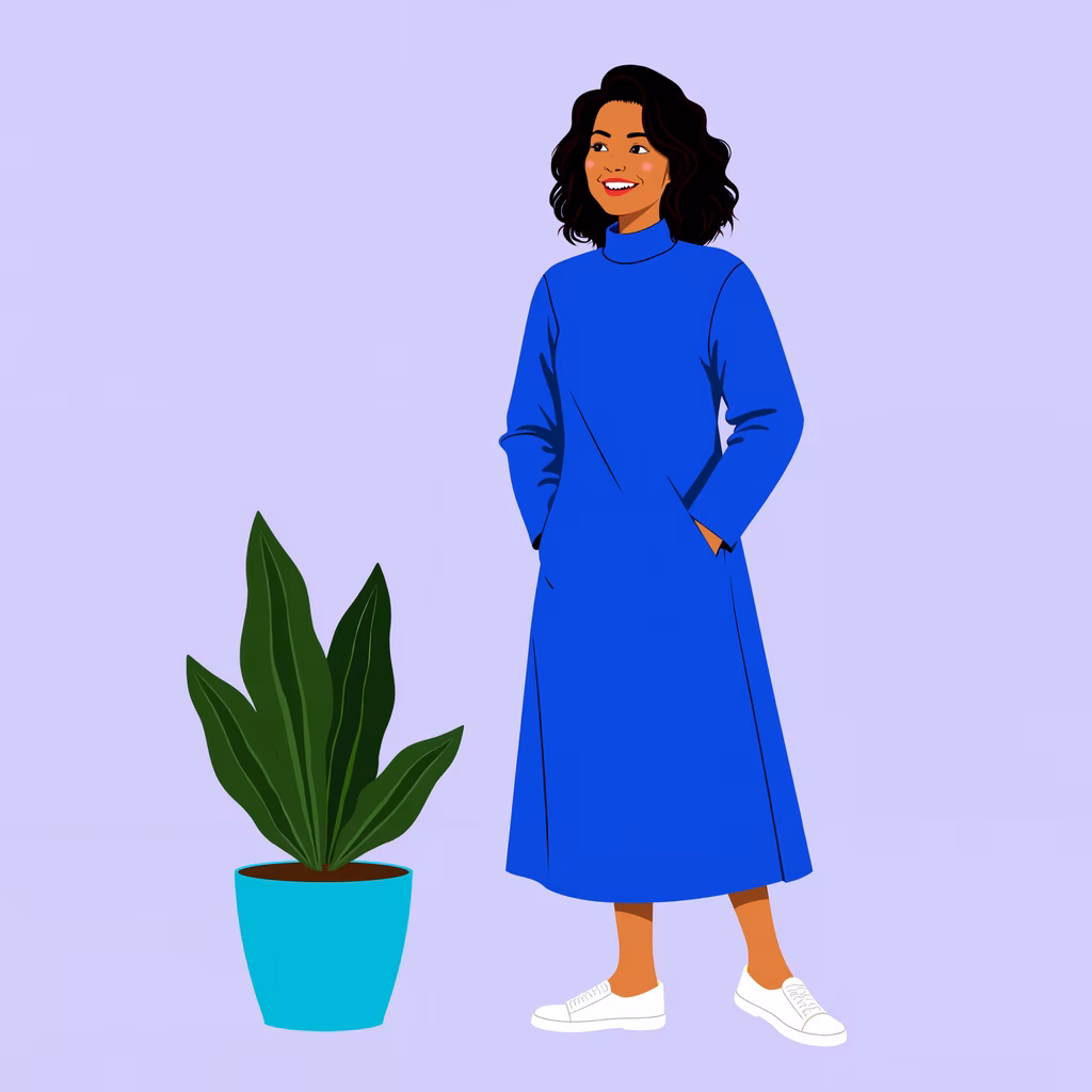 Casual elegance in a royal blue dress on a lavender background.