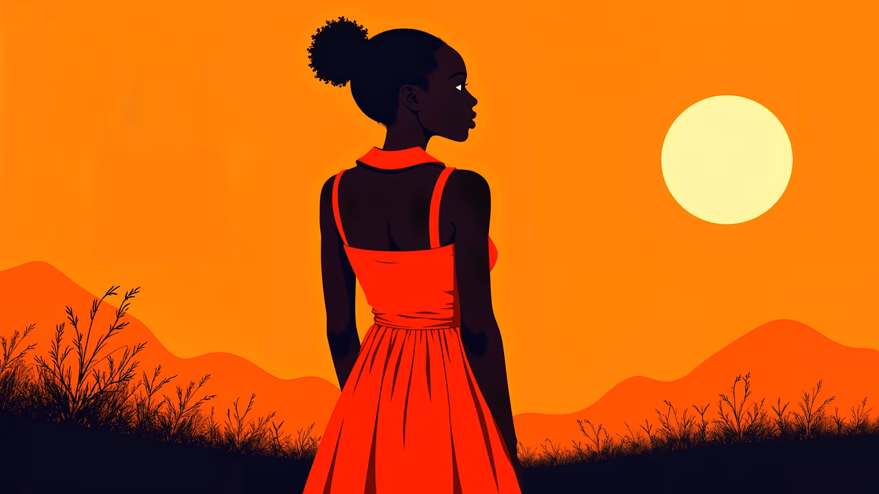 Silhouette of a woman in red dress against a sunset, evoking a sense of calm and reflection.