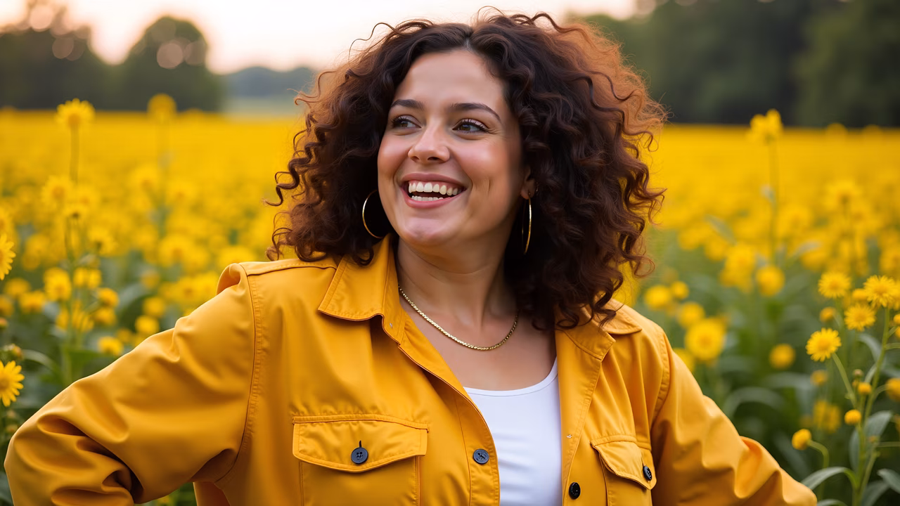 Bright yellow jacket, cheerful smile, vibrant flower field