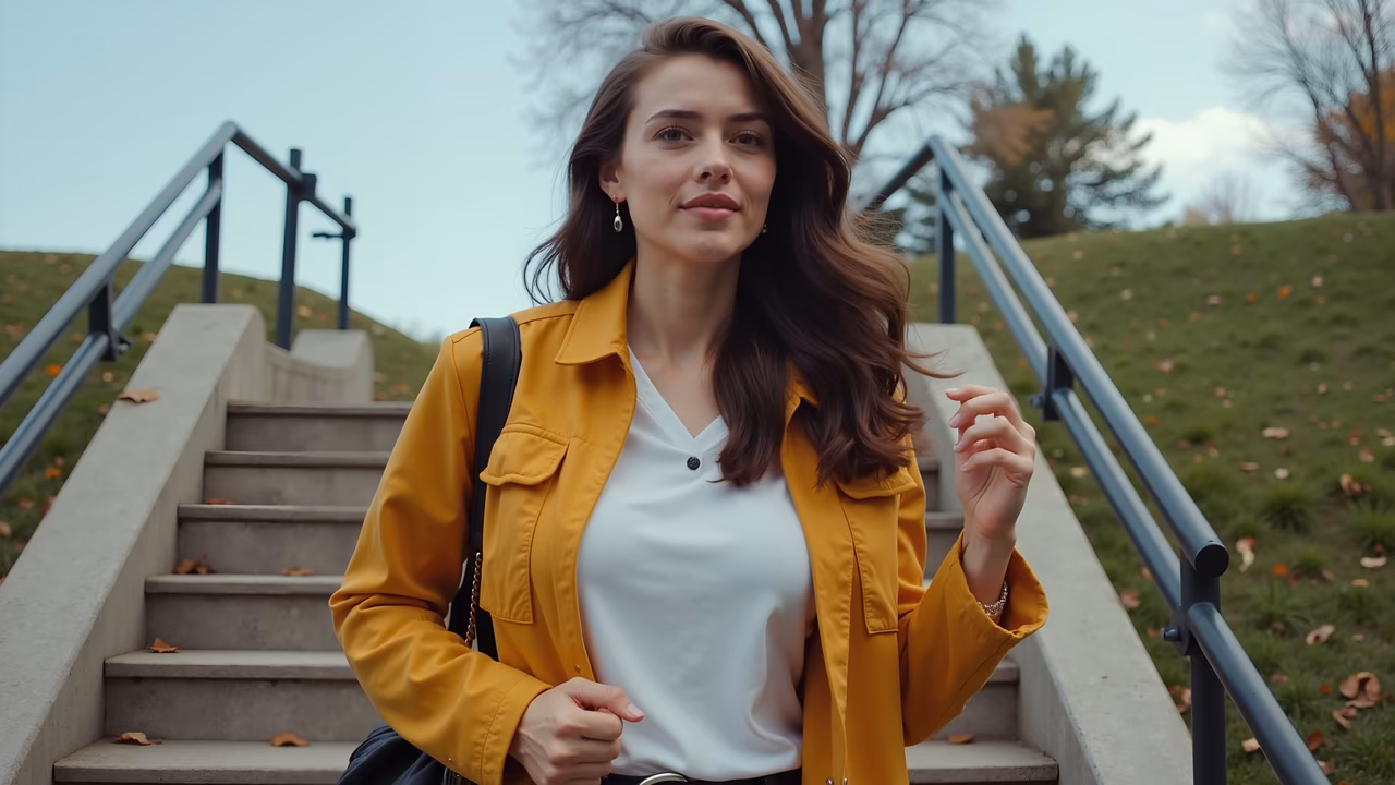 Confident woman in yellow jacket amidst a tranquil park setting.