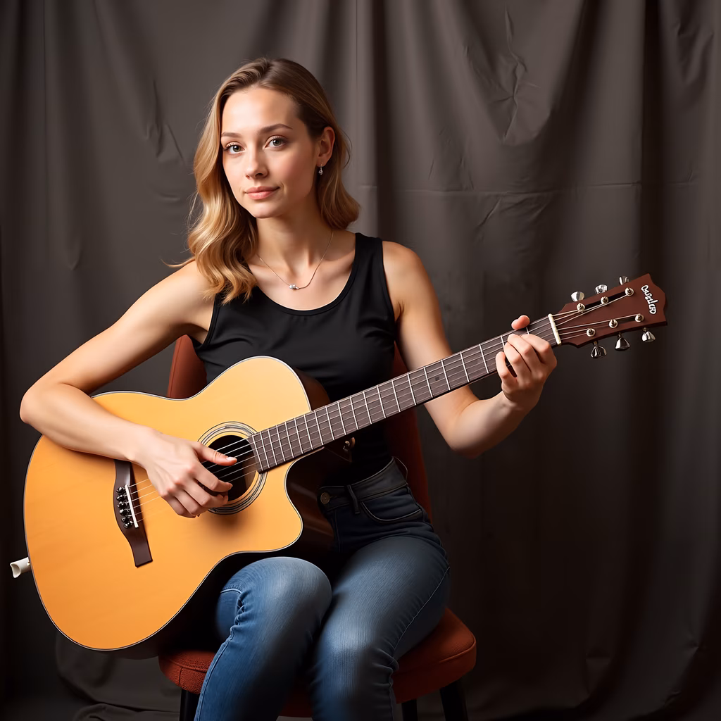 Casual woman playing guitar, relaxed and inviting atmosphere.