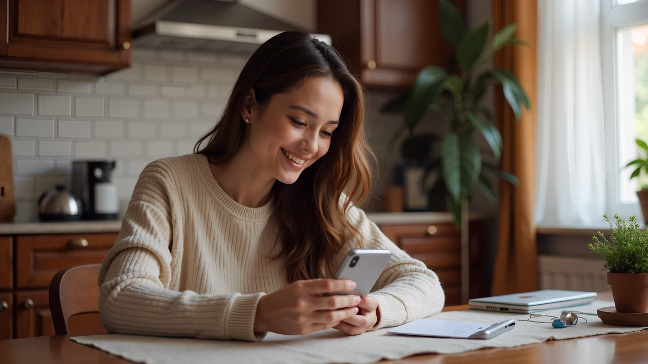 A woman smiles while using her smartphone in a cozy kitchen setting.