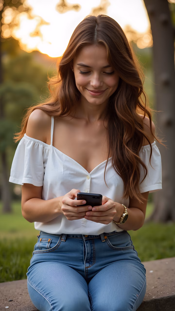 A woman enjoys a peaceful moment in the park at sunset, engrossed in her phone.