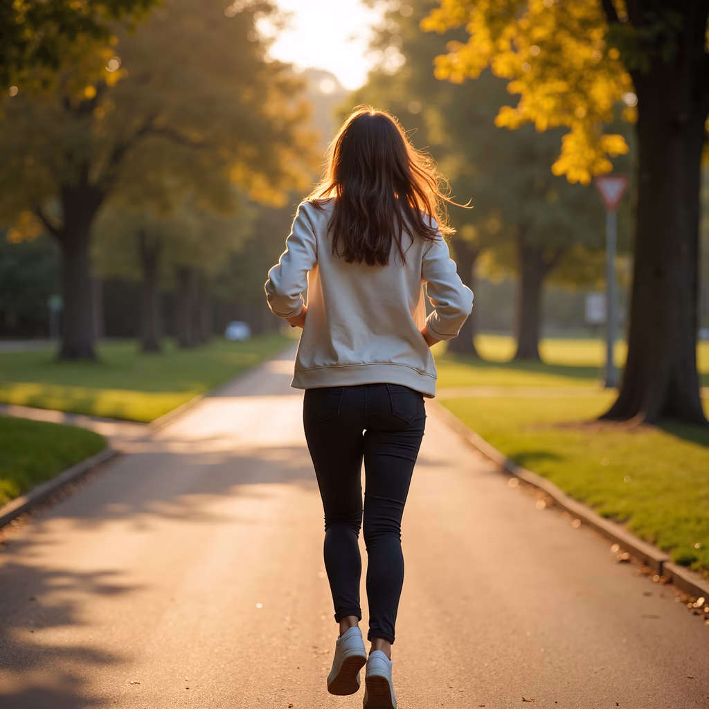 Golden light illuminates a woman walking away in a peaceful park setting.