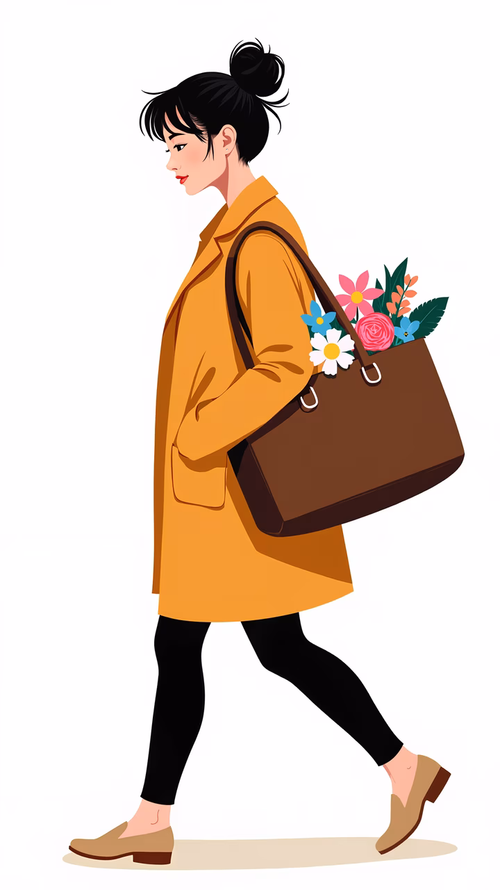 Confidently walking woman with floral tote bag, fashion illustration.