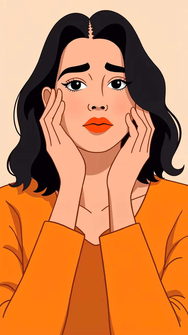 A woman with bold orange lips and a stylish orange jacket, evoking a sense of modern elegance.