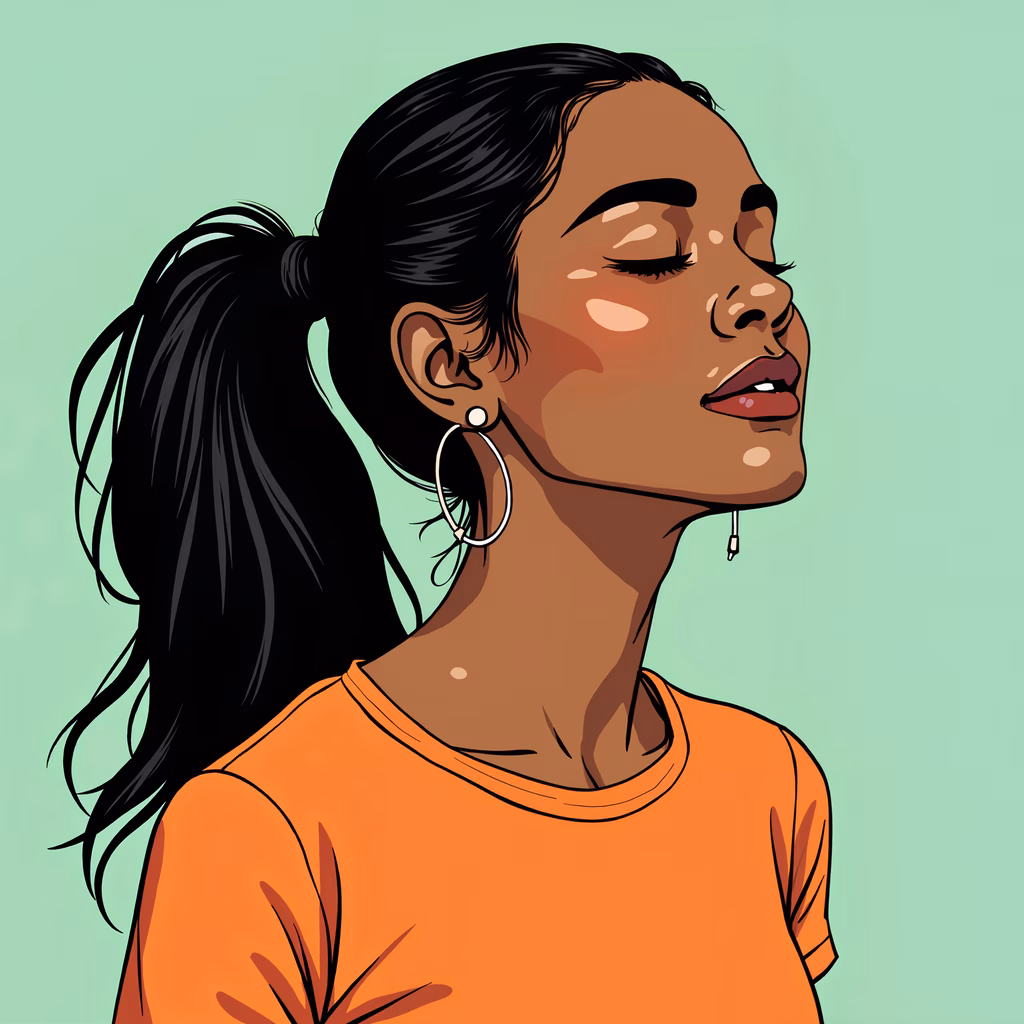 A peaceful portrait of a woman with a ponytail and hoop earrings, set against a soft green backdrop.