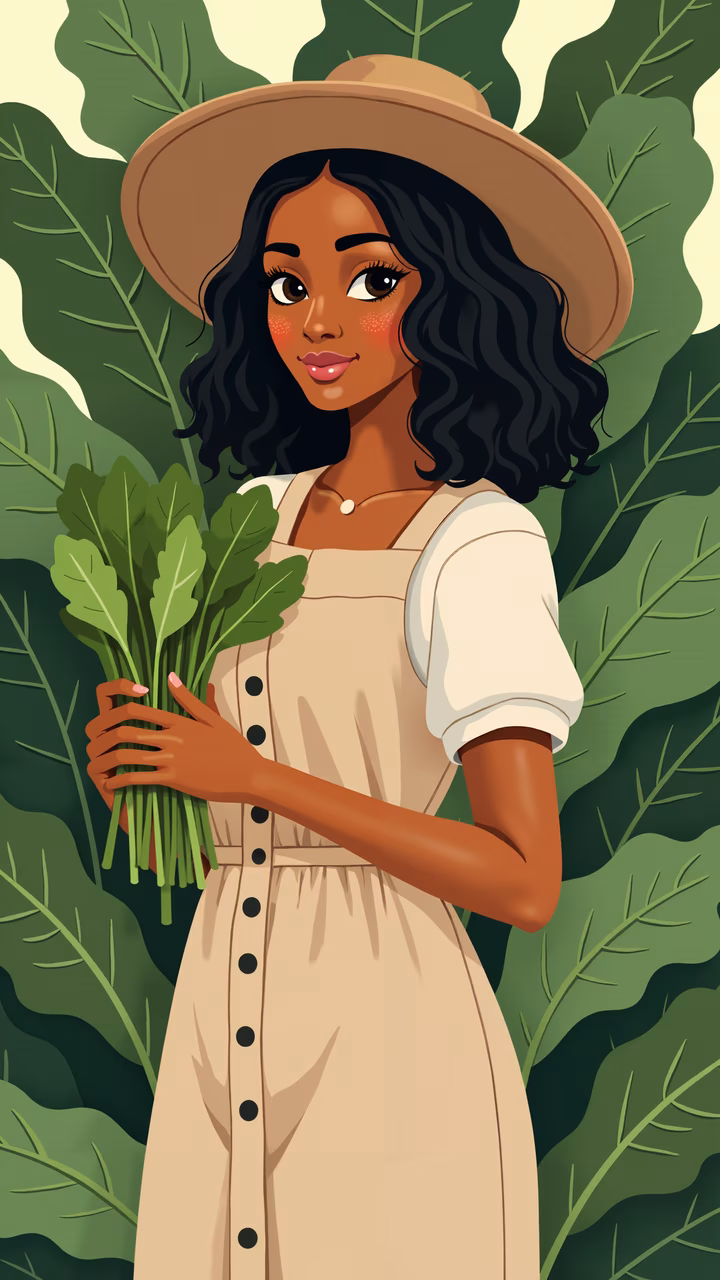 A cheerful woman holding spinach amidst greenery, promoting health and nature.