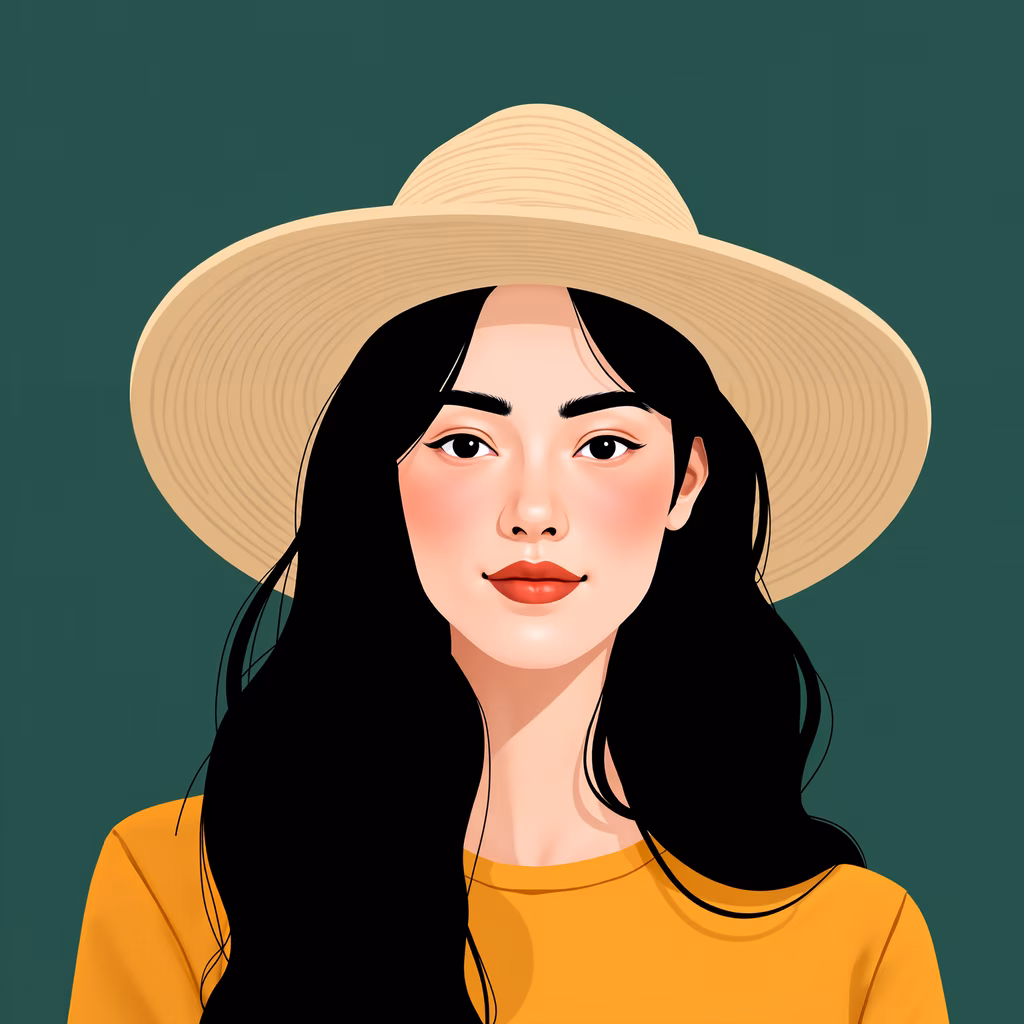 A serene portrait of a woman with a straw hat, set against a teal background.