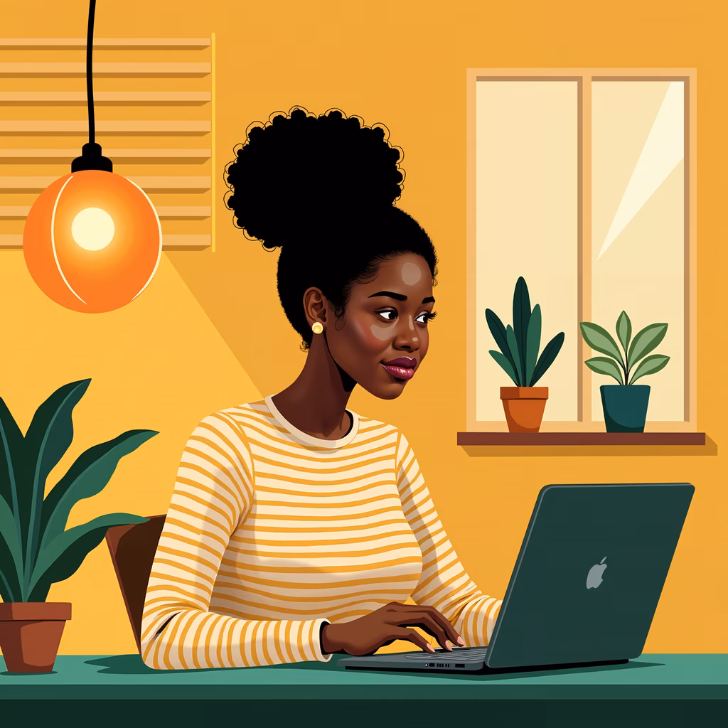 A woman working on her laptop in a cozy, sunlit room with indoor plants.