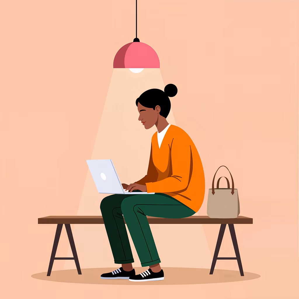 Woman working on laptop under soft light, daily life illustration.