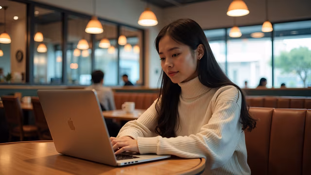Woman Working on Laptop in Cafe