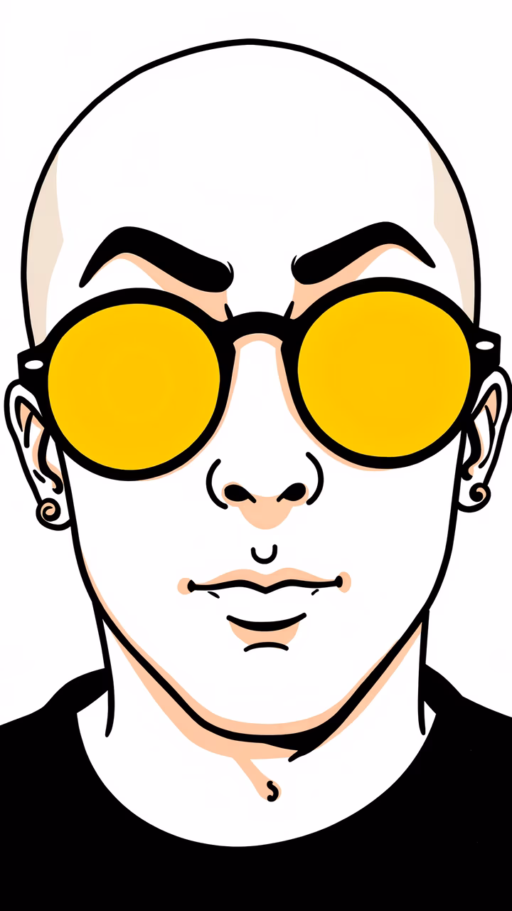 Minimalist illustration of a bald person with yellow glasses against a white background.