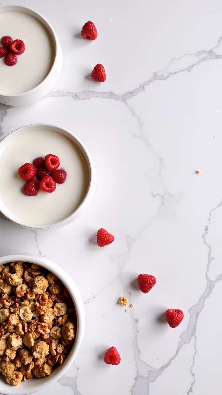 Minimalist yogurt bowls with granola and raspberries on a marble background.