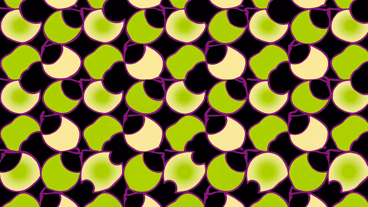 Vibrant abstract pattern with green and yellow shapes on a black background.
