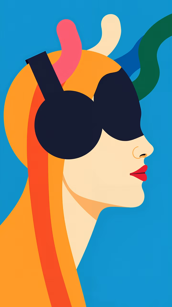 Vibrant abstract illustration of a woman's profile with bold colors and dynamic shapes.