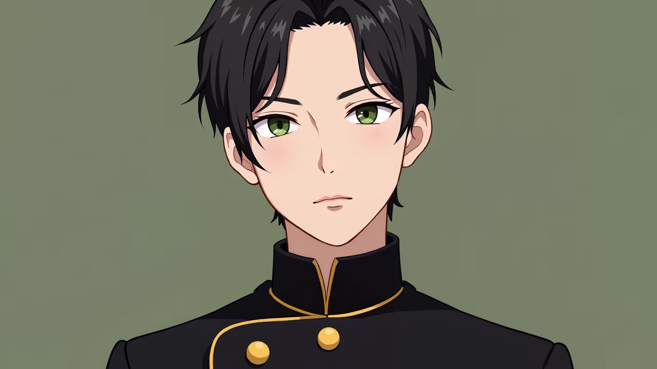 A serene anime portrait of a character in a formal uniform against a muted olive green backdrop.