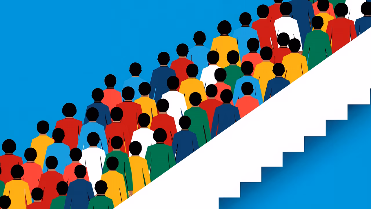 A colorful crowd ascending a staircase, symbolizing upward mobility.