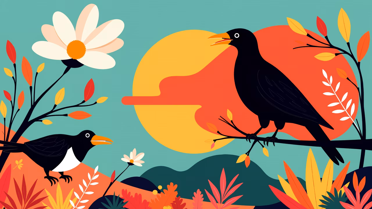 Two black birds with orange beaks against a warm autumn sunset, surrounded by colorful foliage and delicate white flowers.