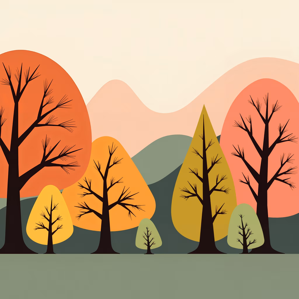 Vibrant autumn landscape with bold geometric shapes and serene atmosphere.