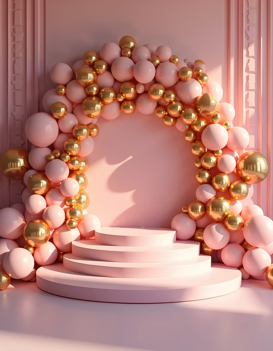 Whimsical balloon archway with pink and gold tones, celebrating luxury and festivity.